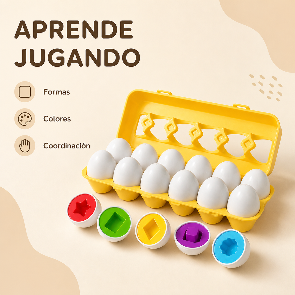 Niño jugando con los huevos de formas y colores Nido
